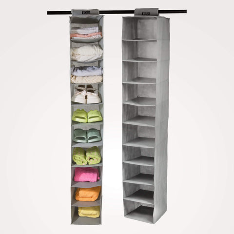 Boxy Concepts' gray hanging shoe and hat organizer with foldable shelves on a white background.