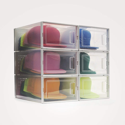 Boxy Concepts' stackable clear plastic drawers with colorful caps on a white background