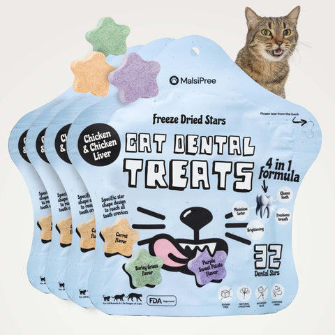 MalsiPree Cat Dental Stars: Freeze-Dried Treats for Bad Breath (4-Pack)