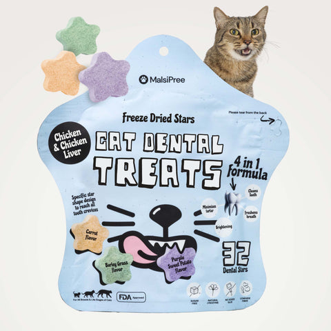 MalsiPree Cat Dental Stars (32 Pcs): Freeze-Dried Treats for Bad Breath