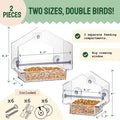 Two clear acrylic bird feeders with dimensions and included hardware.