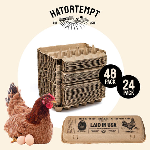 Stack of cardboard egg trays with a chicken and a labeled egg carton on a beige background, featuring the Hatortempt brand.
