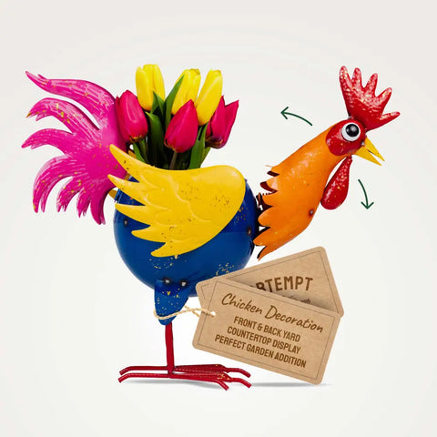 Colorful metal rooster planter.