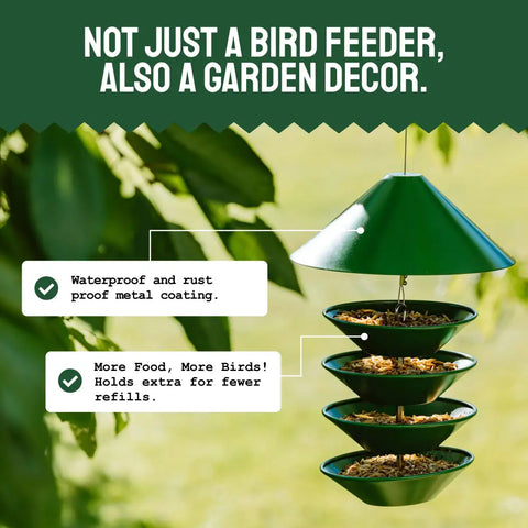 Green metal tiered bird feeder.