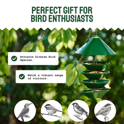 Green tiered bird feeder.