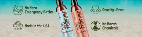Two bottles of dog perfume with product features listed on a beach background
