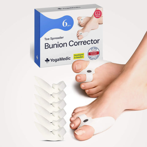 Yoga Medic bunion corrector packaging with a foot wearing the corrector on a white background