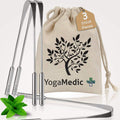 YogaMedic anti-microbial tongue scraper with a drawstring bag featuring a tree design on a white background